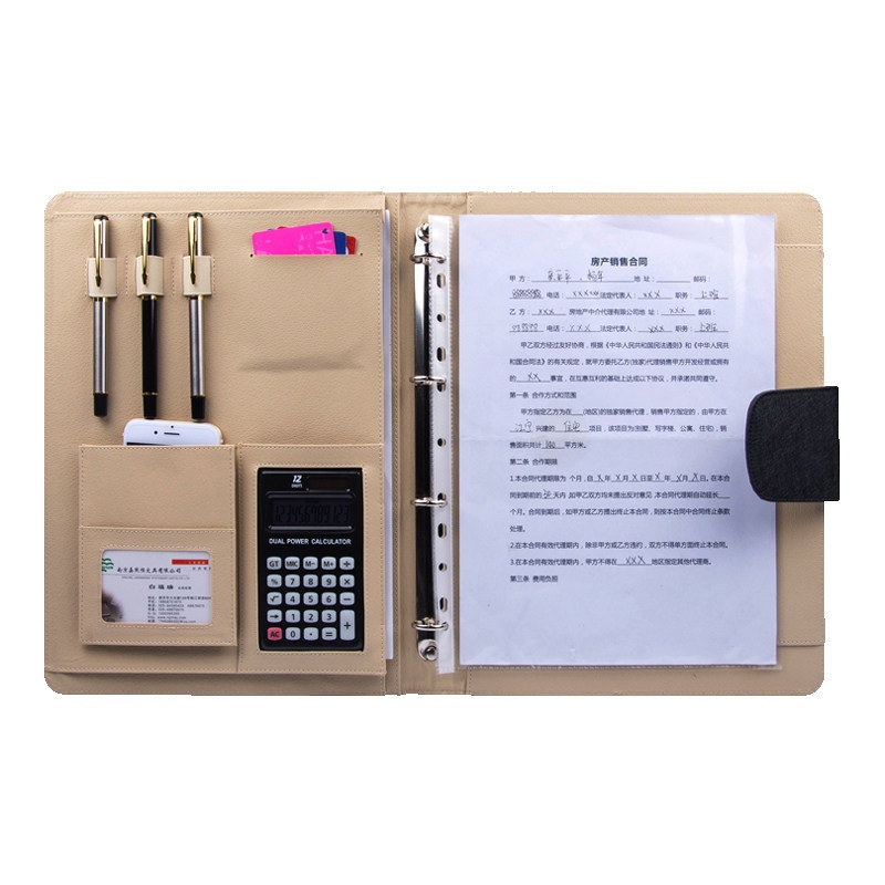 Folder Portofolio Pengikat Cincin A4 Kulit PU Dengan Kalkulator