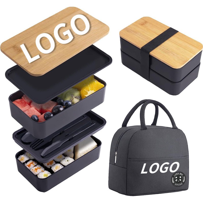 Set Kotak Makan Siang Bento Tutup Bambu Lapisan Ganda