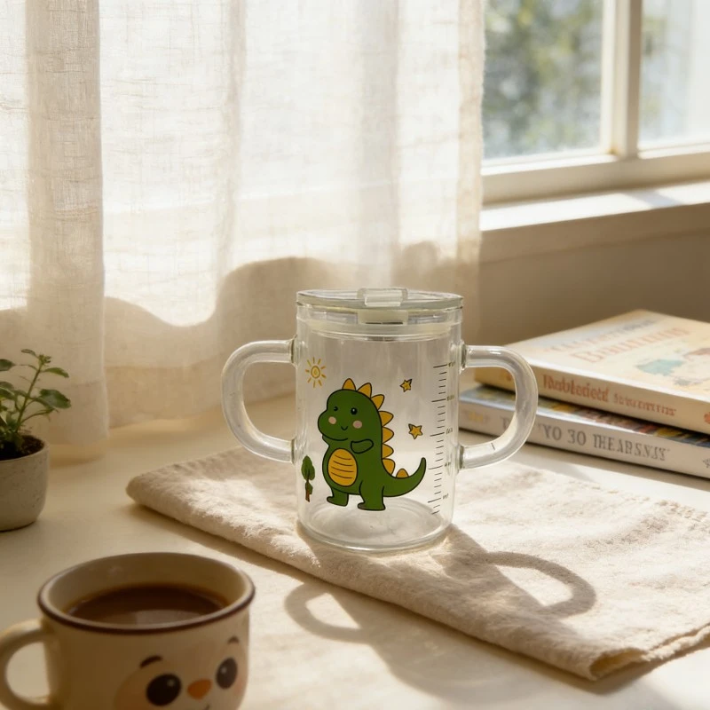 Kids Dual Handle Glass Sippy Cup With Dinosaur Print