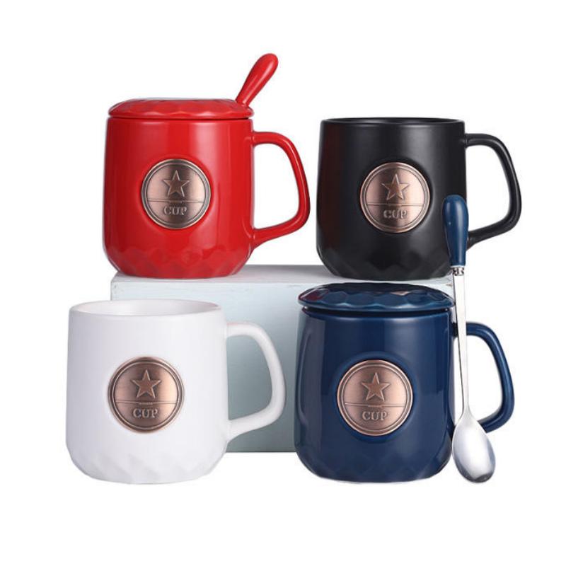 Mug Kopi Keramik Star Metal Badge 400ml Dengan Tutup Dan Sendok