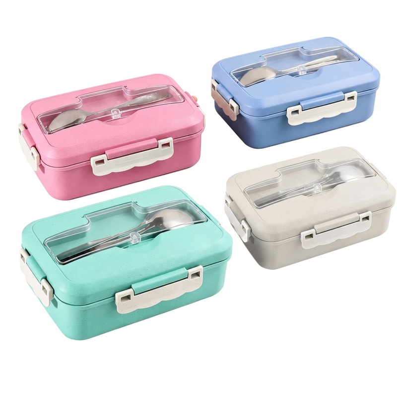 Kotak Bento Jerami Gandum Dengan Peralatan Makan Stainless Steel